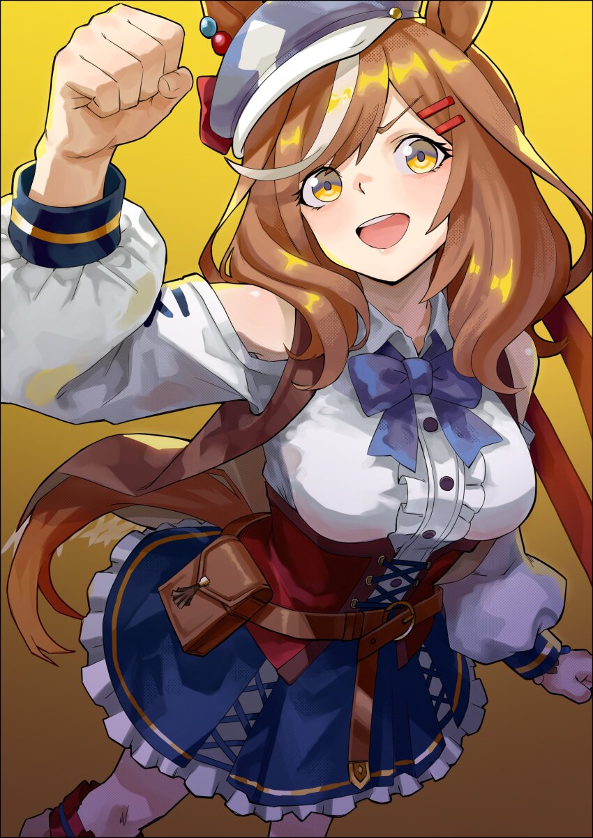 1girl, absurdres, animal_ears, arm_up, belt_bag, blue_bow, blue_hat, blue_skirt