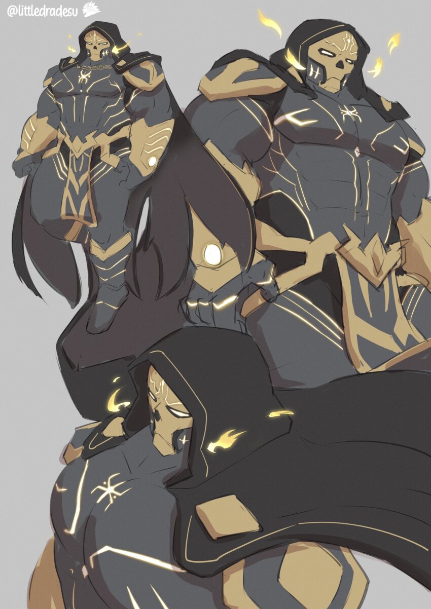 1boy, artist_logo, artist_name, bara, cape, commentary, english_commentary, epic_seven, grey_background, highres, hood, hood_up, hooded_cape, littledradesu, logo, male_focus, mask, masked, multiple_views, notos_(epic_seven), skull_mask, twitter_username, upper_body