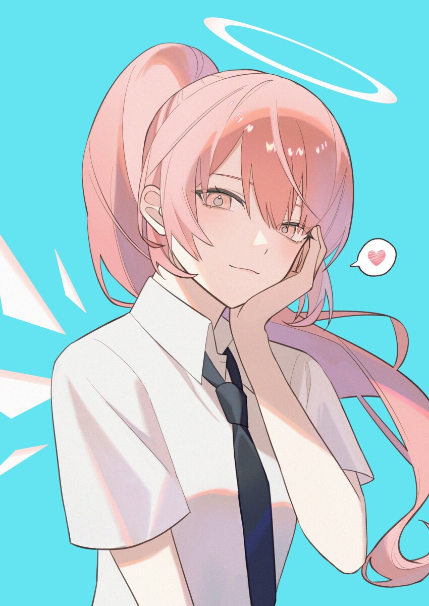 1girl, 55555may, absurdres, alternate_costume, alternate_hairstyle, arknights, black_necktie, blue_background