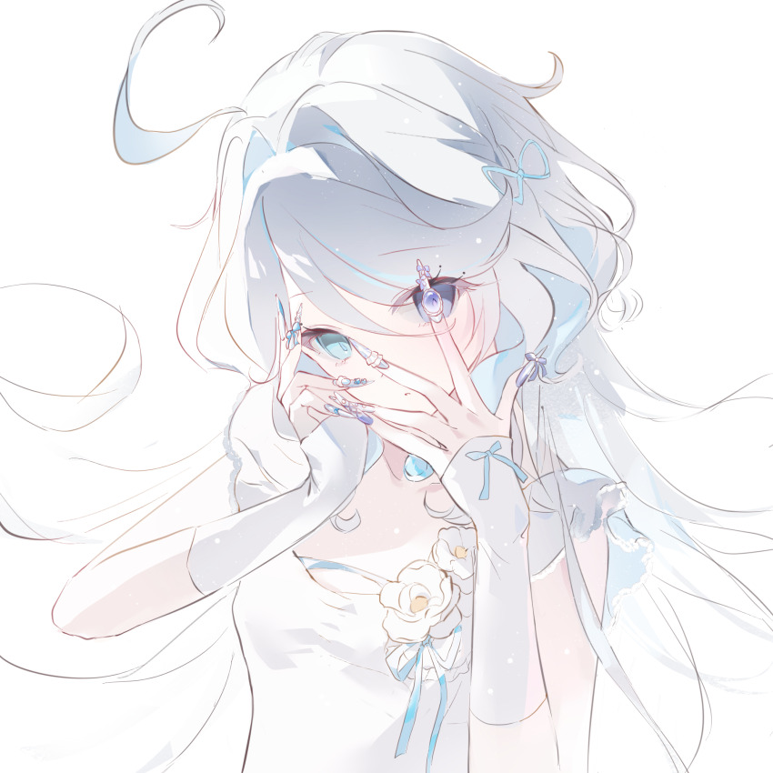 1girl, ahoge, aqua_eyes, aqua_hair, aqua_nails, blue_eyes, blue_hair, blue_nails, blue_ribbon, breasts, chinese_commentary, claw_ring, closed_mouth, colored_inner_hair, commentary_request, dress, dress_flower, facepalm, fingerless_gloves, fingernails, floating_hair, flower, furina_(genshin_impact), genshin_impact, glove_bow, gloves, hair_ribbon, hair_spread_out, hands_on_own_face, hands_up, heterochromia, highres, jellyfish_cut, jiayun94769, long_fingernails, long_hair, multicolored_hair, nail_polish, profile, puffy_sleeves, ribbon, short_sleeves, simple_background, small_breasts, solo, two-tone_hair, upper_body, white_background, white_dress, white_gloves, white_hair, white_sleeves