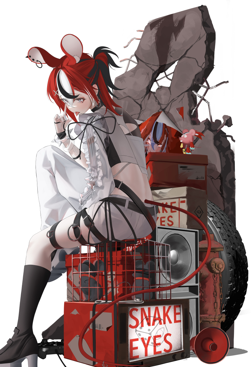 1girl, :p, absurdres, animal_ear_piercing, animal_ears, asymmetrical_clothes, belt, black_belt