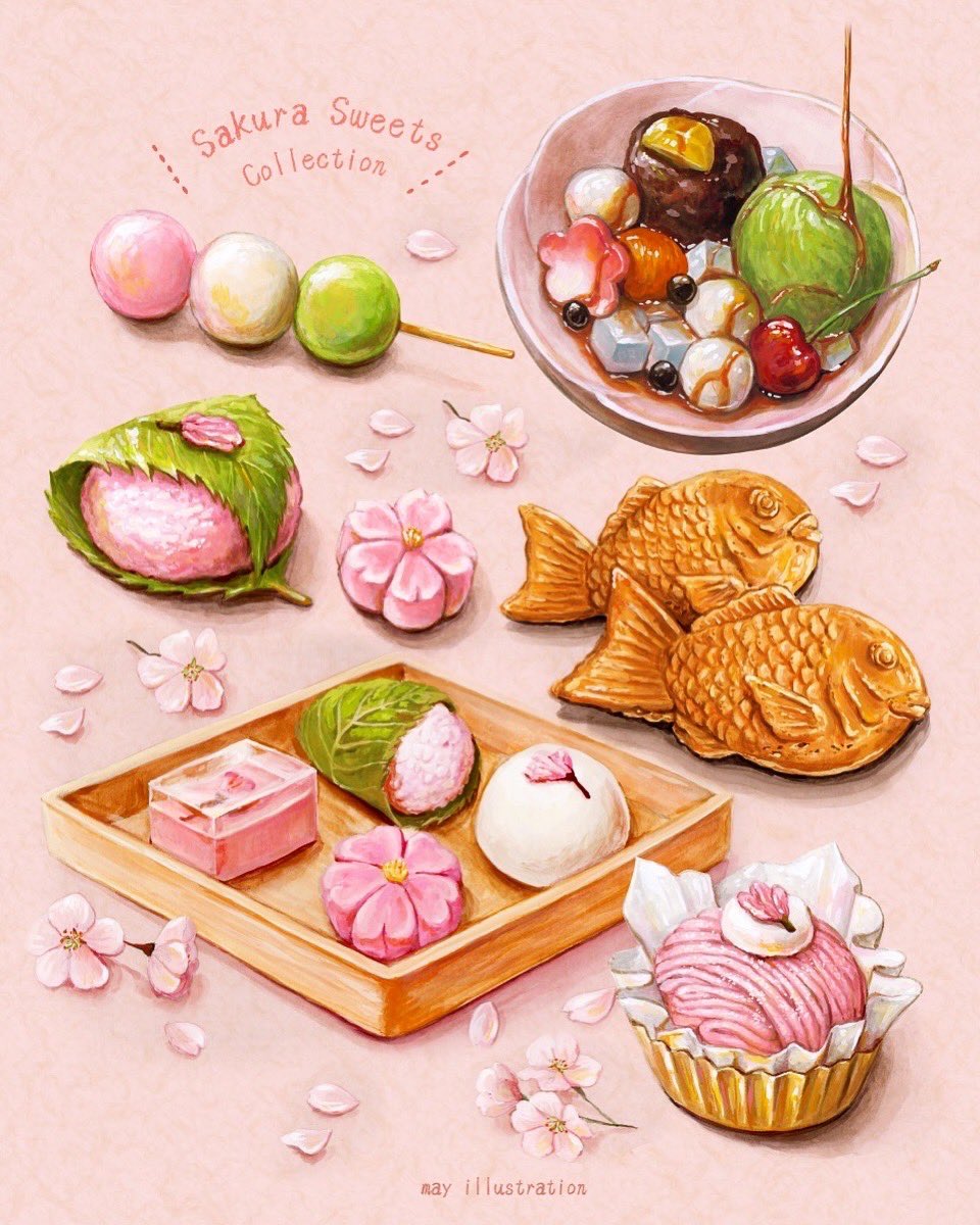 agar, anmitsu_(dessert), artist_name, cherry, cherry_blossoms, commentary_request, dango, food