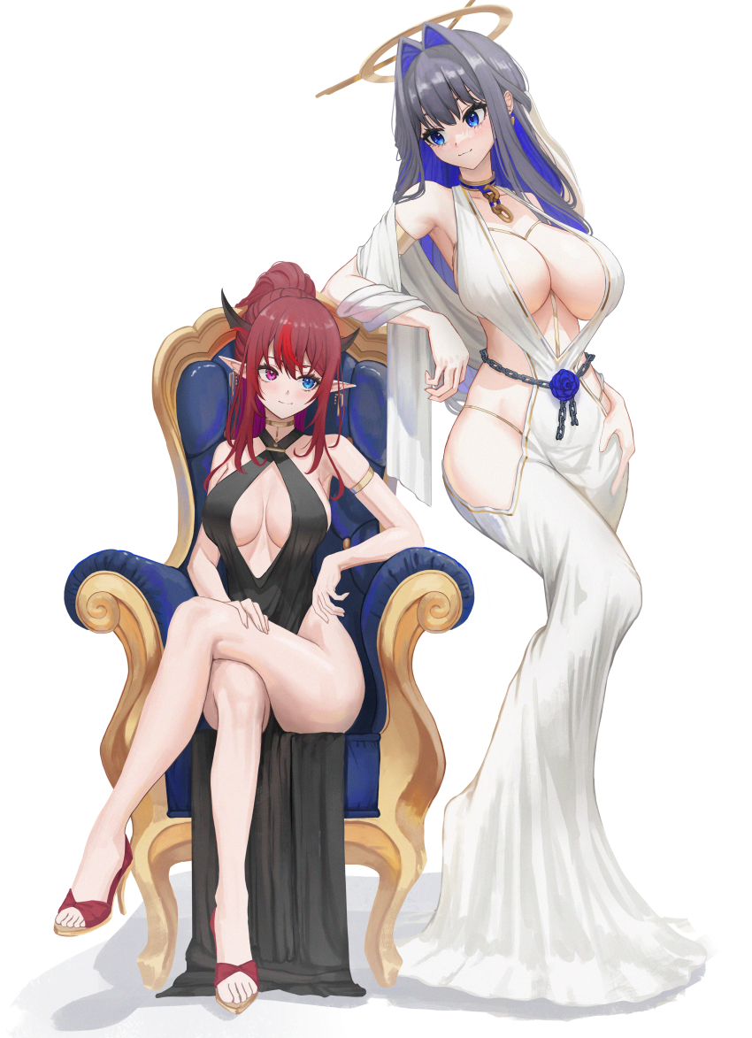 2girls, absurdres, alternate_costume, armlet, armpits, black_dress, blue_eyes, blue_hair