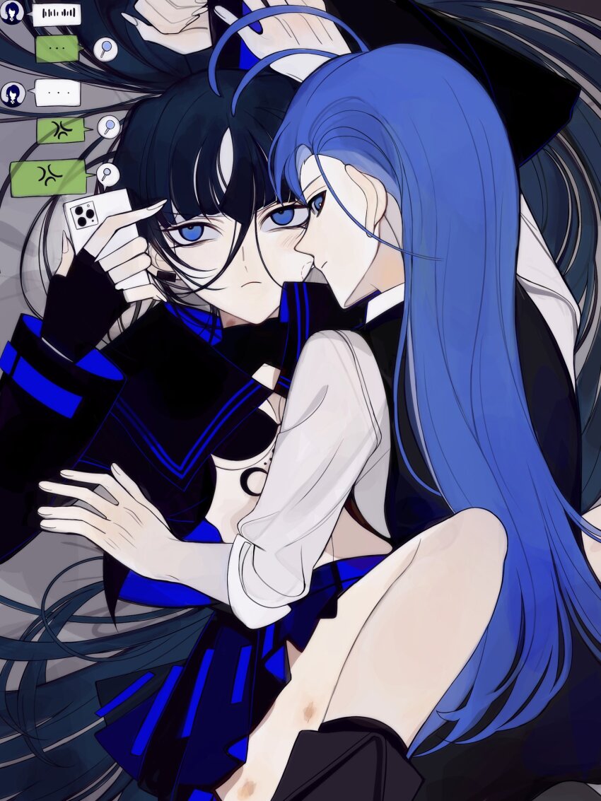 2girls, ado_(utaite), black_gloves, black_hair, black_shirt, black_vest, blue_eyes, blue_hair, breasts, cellphone, dmyfish, earclip, fingerless_gloves, gloves, hair_between_eyes, highres, holding, holding_phone, long_hair, long_hair_between_eyes, medium_breasts, merry_(ado), multiple_girls, naima_(ado), open_clothes, open_shirt, phone, pleated_skirt, readymade_(ado), sailor_collar, sailor_shirt, shirt, skirt, smartphone, usseewa, vest, white_shirt, yuri
