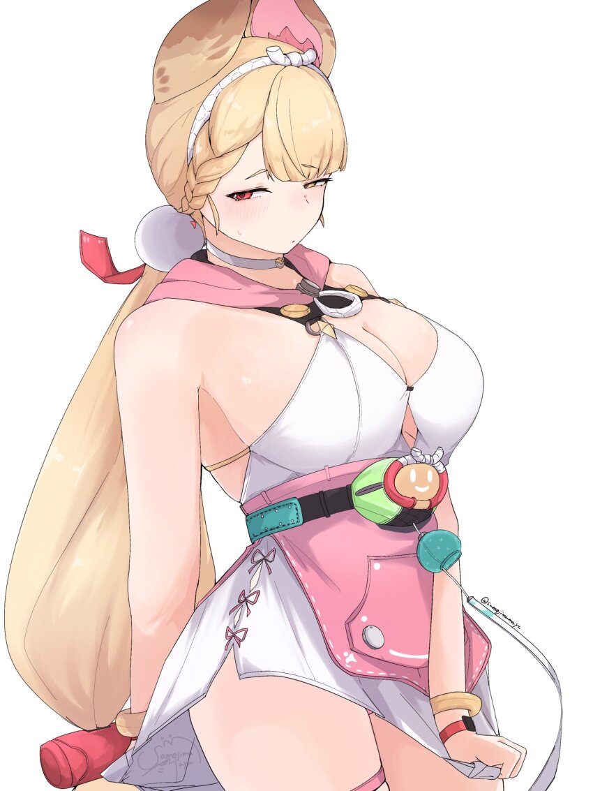 1girl, alice_thymefield, alice_thymefield_(sea_of_thyme), animal_ears, bare_shoulders, blonde_hair, blush, braid