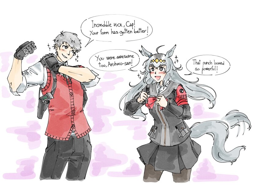 1boy, 1girl, animal_ears, cowboy_shot, crossover, english_text, gekkoukan_high_school_uniform, gloves