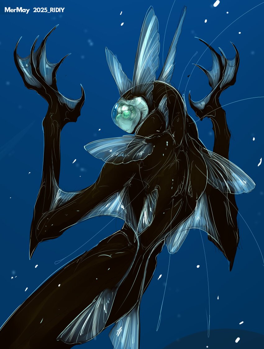 1other, absurdres, artist_name, barreleye_fish, black_skin, colored_skin, cowboy_shot, fins