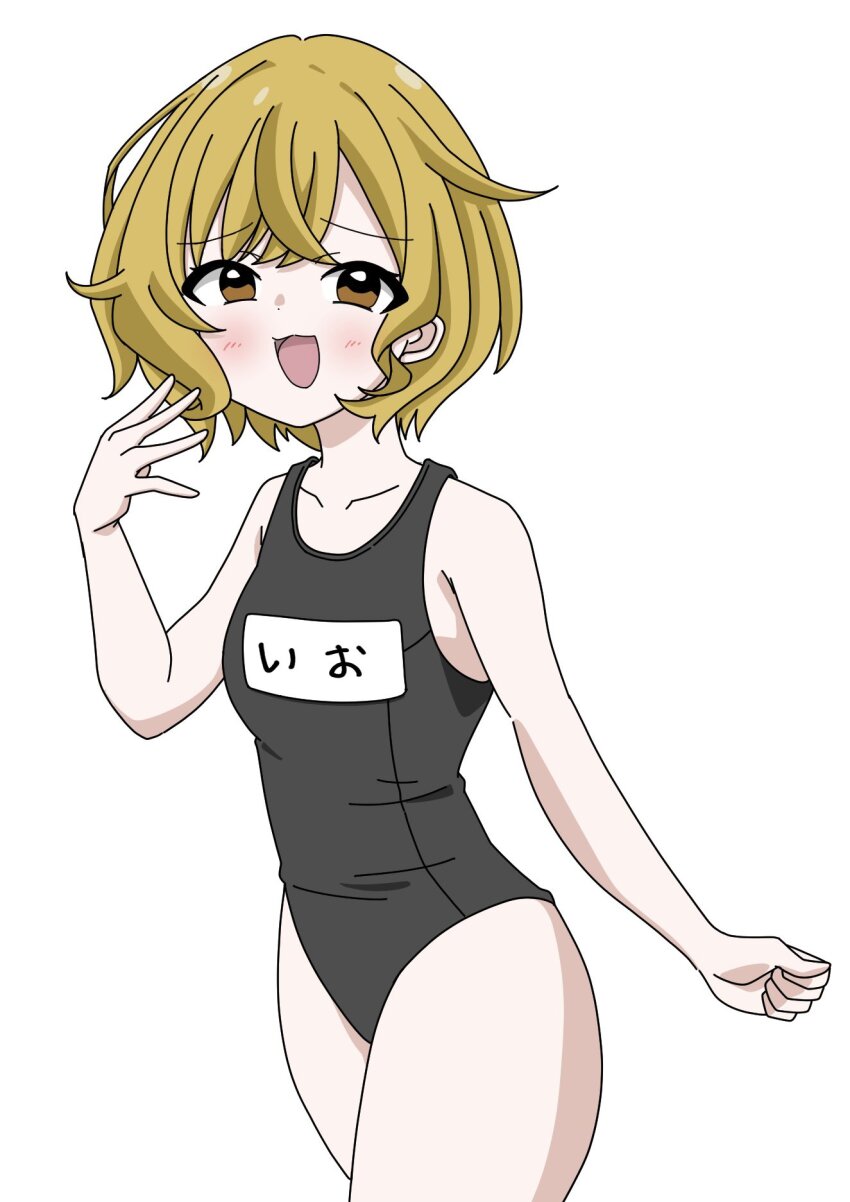 1girl, :3, :d, assault_lily, bare_arms, bare_shoulders, black_one-piece_swimsuit, blush
