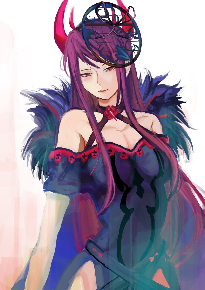 1girl, bare_shoulders, blue_dress, breasts, cleavage, criss-cross_halter, detached_sleeves, dress