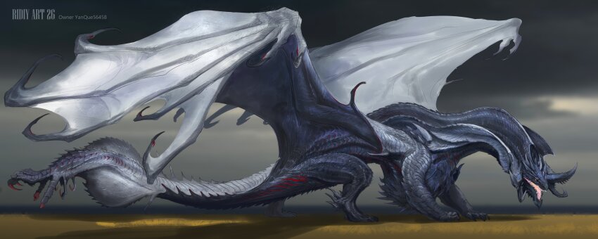 absurdres, artist_name, blue_scales, clawed_wings, claws, dragon, dragon_horns, dragon_wings