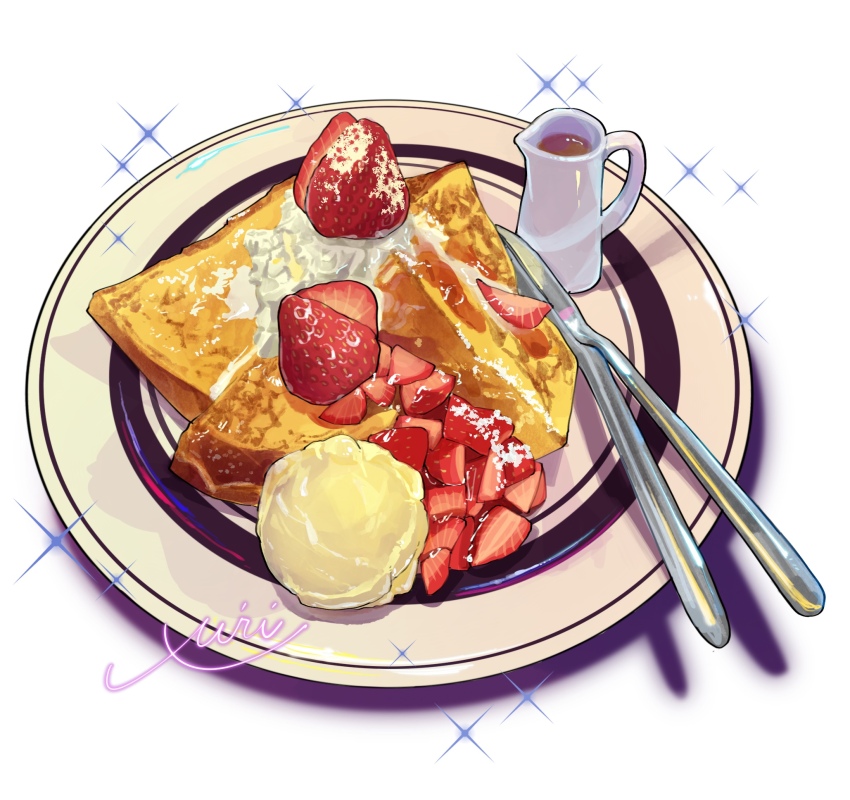 butter_knife, commentary_request, food, food_focus, french_toast, fruit, highres, ice_cream