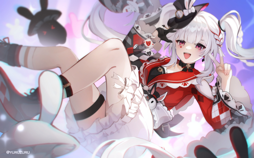 1girl, arms_up, artist_name, belt, black_belt, black_choker, black_gloves, black_hat