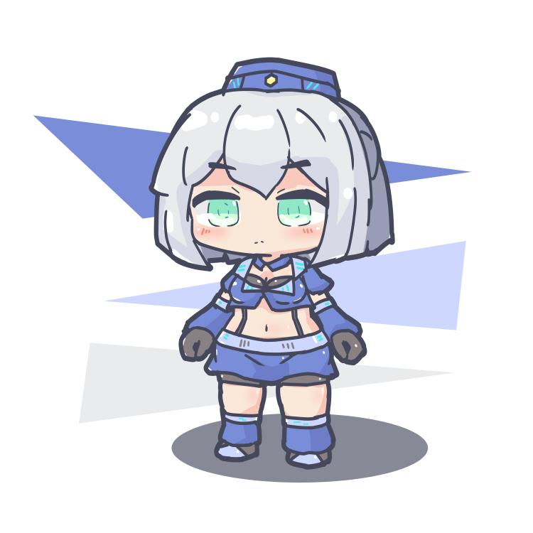 1girl, android, bike_shorts, black_bra, black_gloves, blue_hat, blue_jacket, blue_shoes