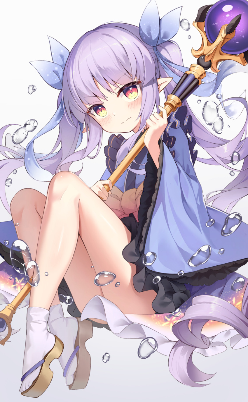 1girl, blue_ribbon, bow, chaoji_da_yuwan, closed_mouth, commentary_request, dress_bow, elf