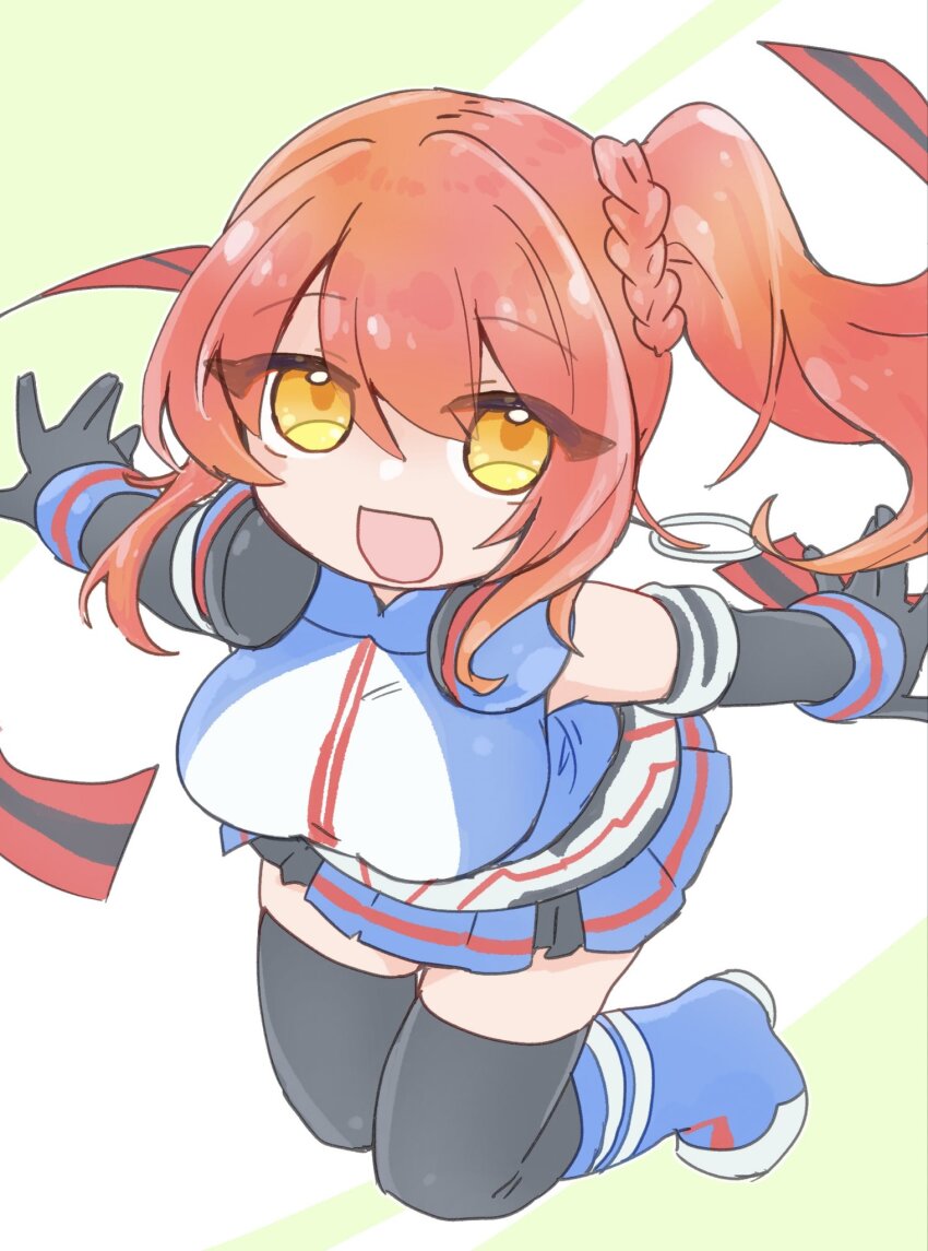 1girl, android, black_gloves, black_thighhighs, blue_boots, blue_jacket, blue_skirt, boots