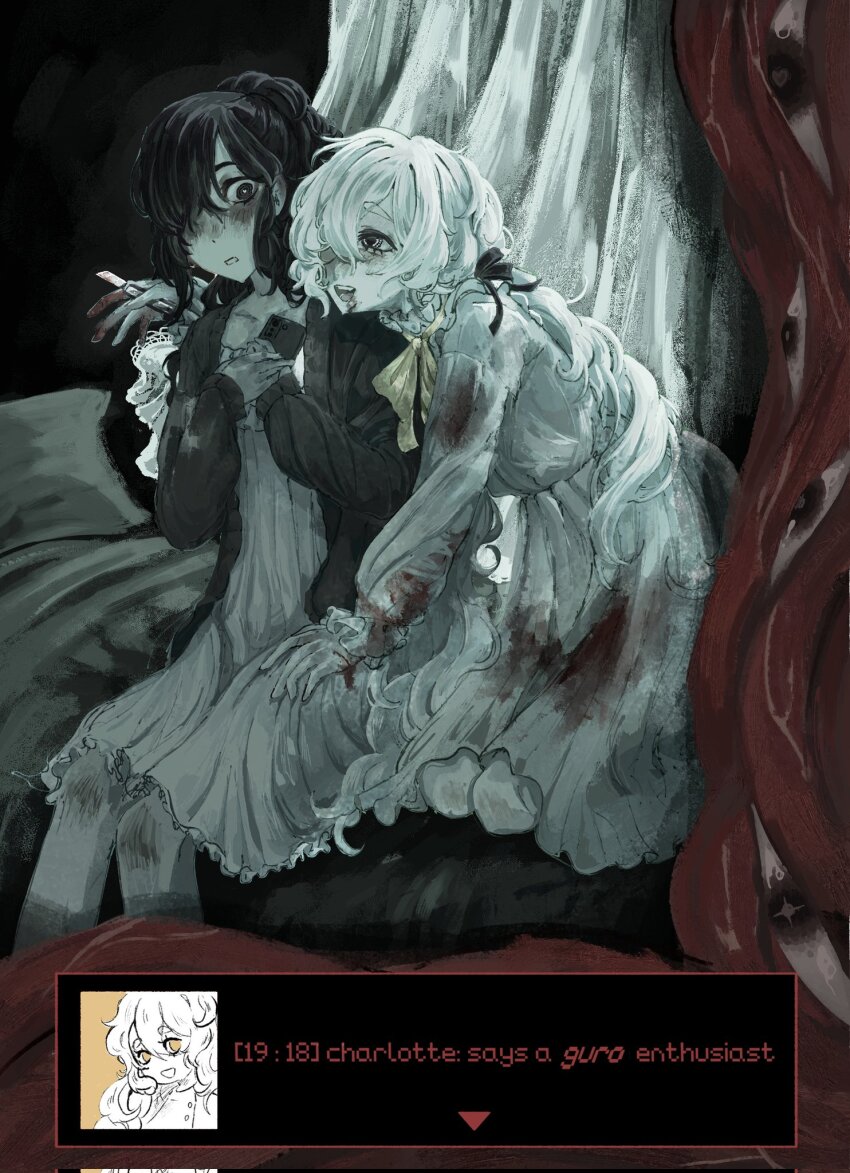 2girls, arm_around_another's_back, black_hair, black_ribbon, black_sweater_vest, blood, blood_on_arm, blood_on_body