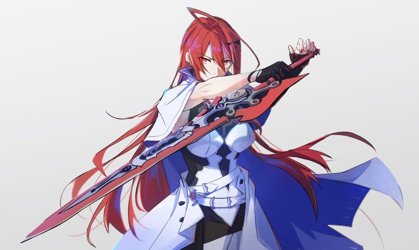 1girl, ahoge, belt, black_gloves, blue_cloak, blue_hair, breasts, cloak, colored_inner_hair, commentary, dress, earrings, elizabeth_rose_bloodflame, elizabeth_rose_bloodflame_(1st_costume), enigmatic_recollection, floating_hair, gloves, hair_between_eyes, hair_ornament, highres, holding, holding_sword, holding_weapon, hololive, hololive_english, huge_ahoge, jewelry, large_breasts, lei_(mcrtj00), long_hair, looking_at_viewer, multicolored_hair, nail_polish, red_eyes, red_hair, red_nails, simple_background, solo, sword, thorn_(elizabeth_rose_bloodflame), two-sided_cloak, two-sided_fabric, two-tone_cloak, two-tone_hair, untranslatable_commentary, very_long_hair, virtual_youtuber, weapon, white_background, white_belt, white_cloak, white_dress