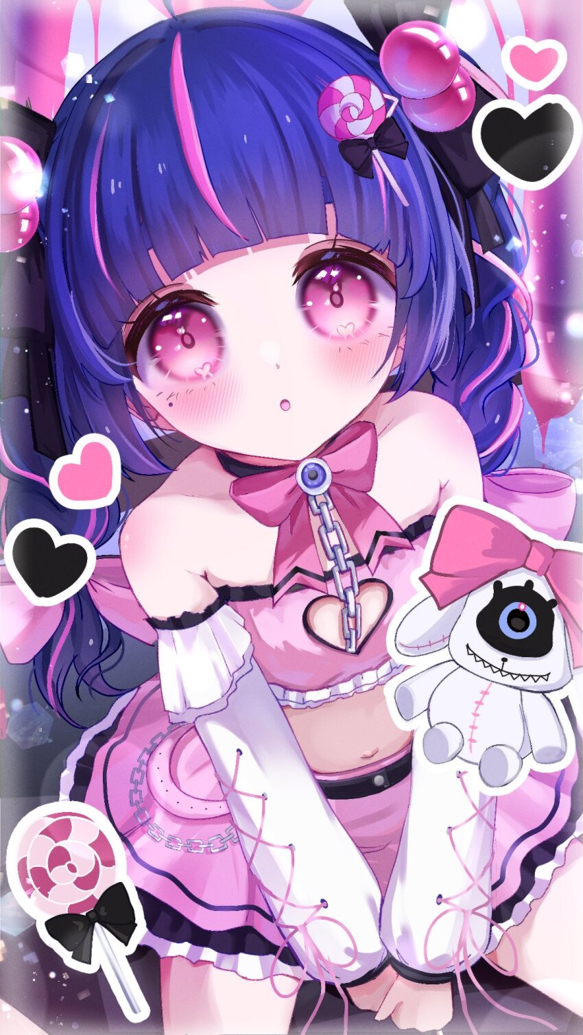 1girl, blush, candy, cleavage_cutout, clothing_cutout, doll_girl, dress, flat_chest, food, indie_virtual_youtuber, littlenii, lollipop, neppirin, pink_dress, pink_eyes, sitting, virtual_youtuber