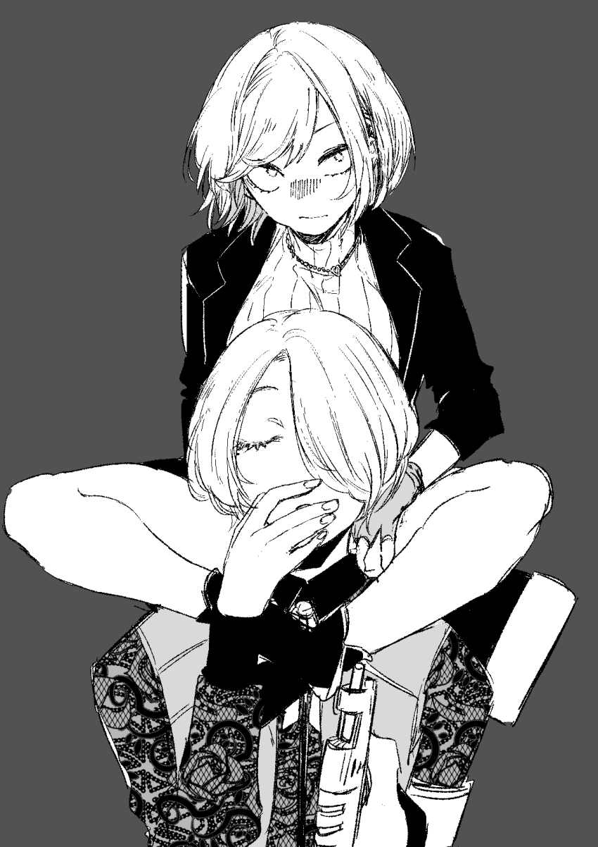 1boy, 1girl, fingerless_gloves, gloves, grey_background, greyscale, hair_over_one_eye, head_between_thighs
