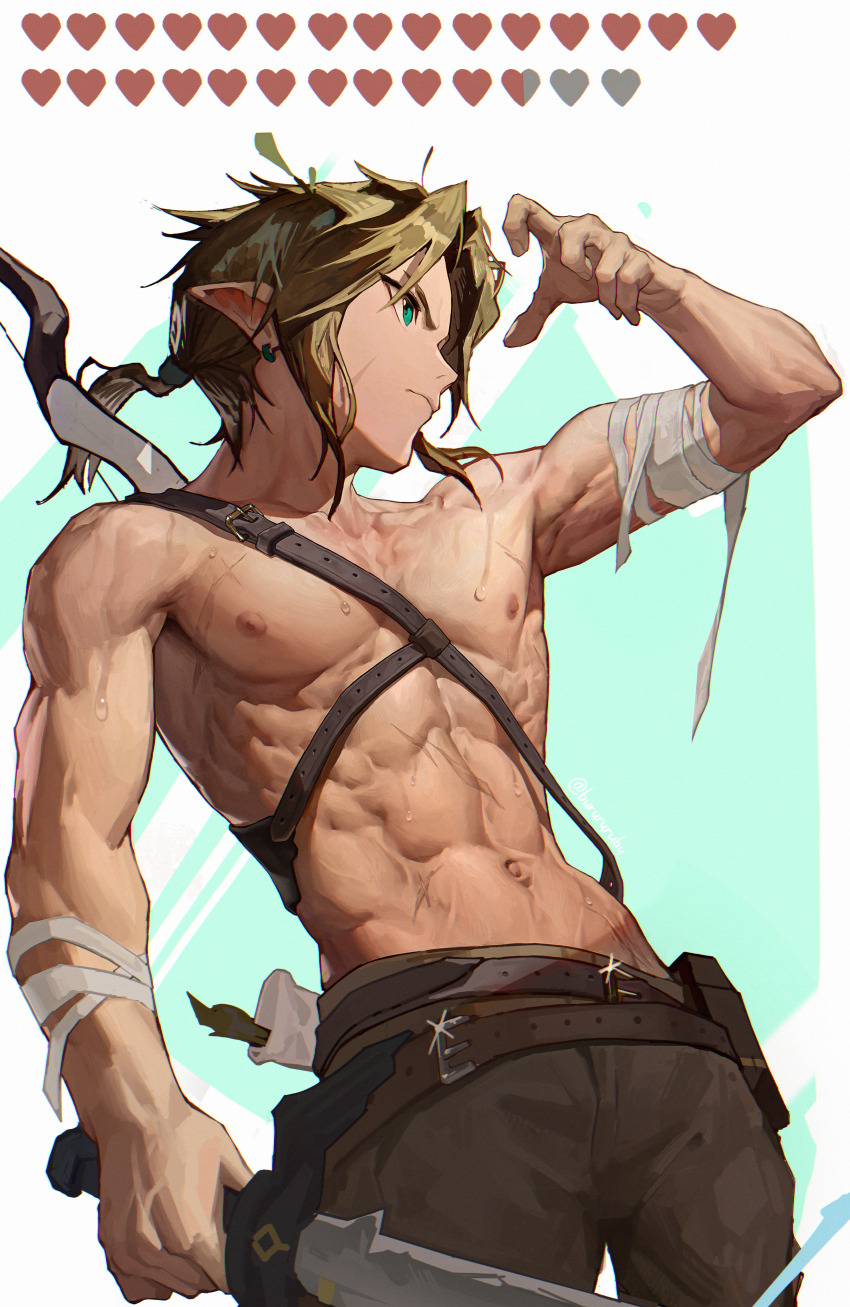 1boy, abs, absurdres, bandaged_arm, bandages, belt, blonde_hair, bow_(weapon)