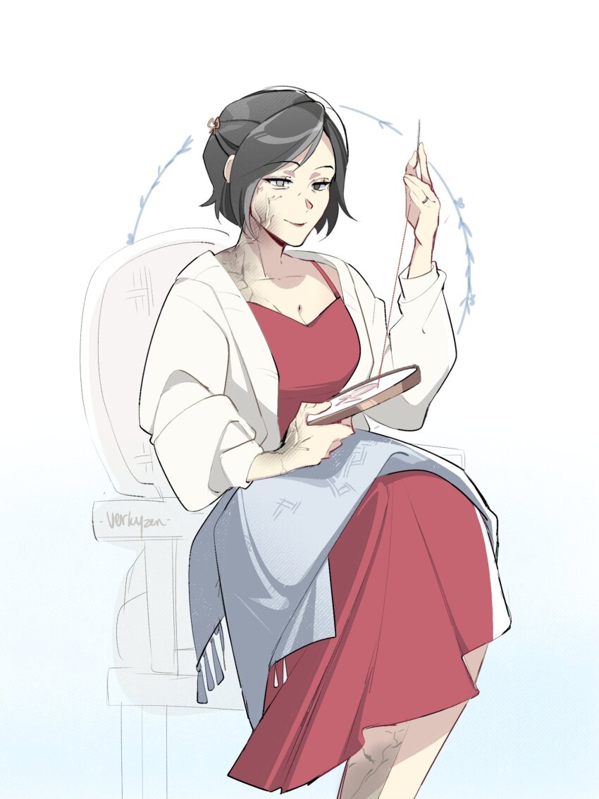 1girl, ada_wong, aged_up, artist_name, black_hair, blanket_over_legs, breasts, cleavage, closed_mouth, dress, embroidery, grey_eyes, grey_hair, half_updo, heterochromia, highres, holding_sewing_needle, jacket, jewelry, long_dress, mature_female, medium_breasts, multicolored_hair, partially_blind, red_dress, resident_evil, resident_evil_requiem, ring, scar, scar_on_face, scar_on_neck, scar_on_shoulder, short_hair, sitting, sleeveless, sleeveless_dress, smile, solo, streaked_hair, verkyzen, white_background, white_jacket
