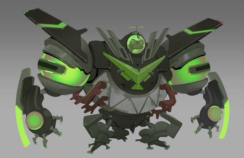 1boy, alien, arm_blade, armor, ben_10, black_armor, commentary, english_commentary, full_body, galvan, glowing, green_armor, highres, jzdraws, male_focus, mecha, mecha_focus, original, propeller_hat, robot, solo, tadpole, weapon