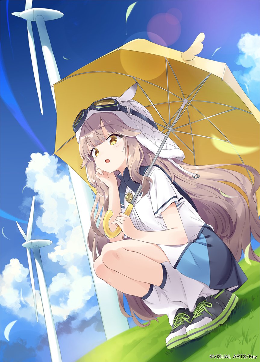 1girl, :d, anemoi, black_shoes, blue_dress, blue_sky, blunt_bangs, blush