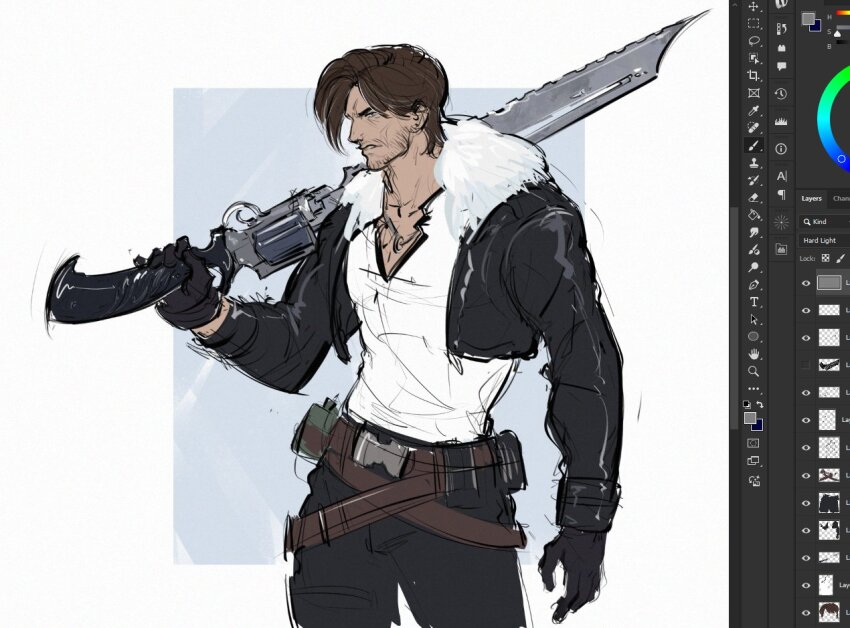 1boy, art_program_in_frame, beard_stubble, belt, black_gloves, black_jacket, black_pants, border