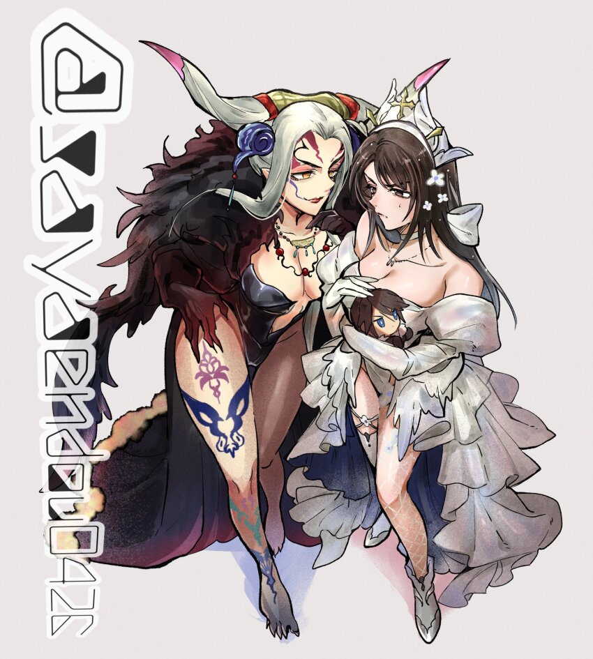 2girls, bare_shoulders, black_cape, black_hair, black_leotard, boots, breasts, brown_eyes, brown_hair, cape, character_doll, choker, clawed_feet, cleavage, doll, dress, elbow_gloves, facial_mark, final_fantasy, final_fantasy_viii, fishnets, flower, full_body, furrowed_brow, gloves, grey_hair, hair_flower, hair_horns, hair_ornament, hand_on_own_hip, high-low_dress, highres, holding, holding_doll, jewelry, juliet_sleeves, large_breasts, leg_markings, leotard, long_dress, long_hair, long_sleeves, medium_breasts, multicolored_hair, multiple_girls, necklace, off-shoulder_dress, off_shoulder, orange_eyes, parted_bangs, plunging_neckline, puffy_sleeves, rinoa_heartilly, sayaendou0426, single_thighhigh, squall_leonhart, streaked_hair, sweatdrop, thighhighs, twitter_username, ultimecia, white_background, white_boots, white_choker, white_dress, white_headdress, white_leotard, white_thighhighs
