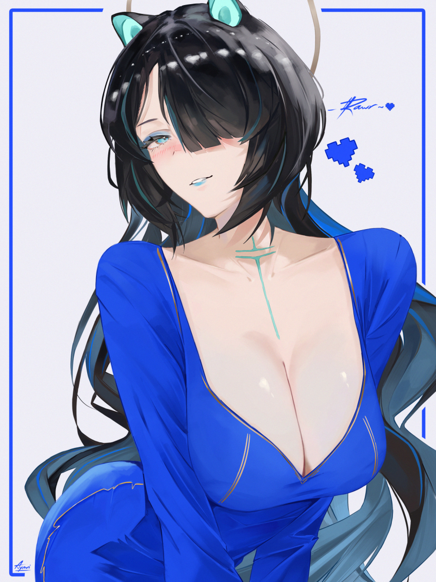 animal_ears, ayavi, black_hair, blue_dress, blue_eyes, blue_hair, blue_lips, breasts