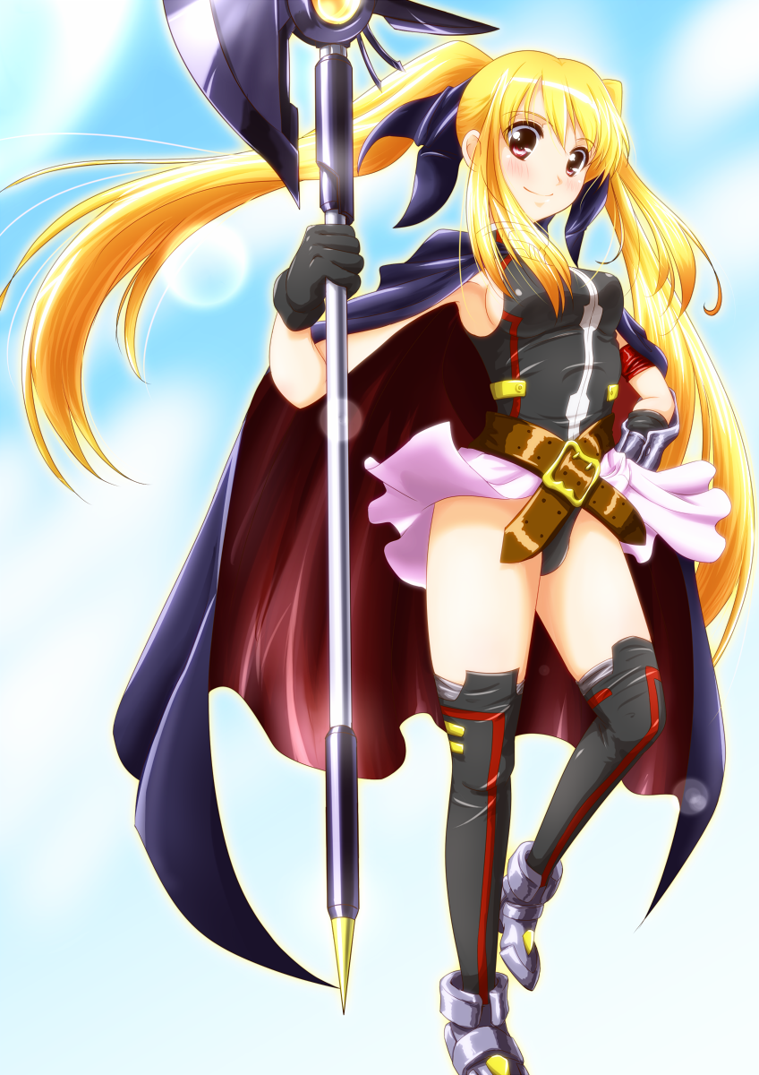 1girl, bardiche_(bullova_form)_(nanoha), bardiche_(nanoha), blonde_hair, cape, diesel-turbo, fate_testarossa, fate_testarossa_(lightning_form)_(2nd)