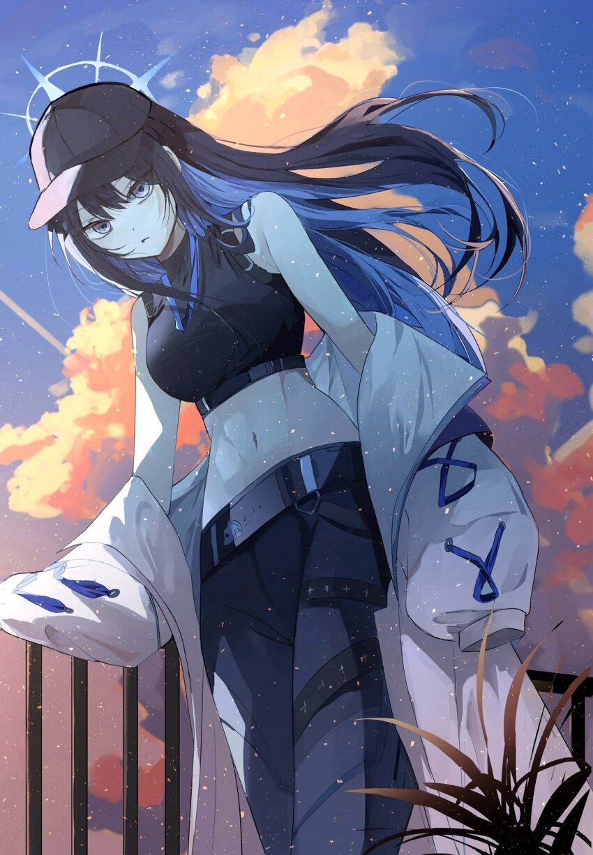 1girl, bare_shoulders, baseball_cap, blue_archive, blue_eyes, blue_hair, blue_halo, blue_hat