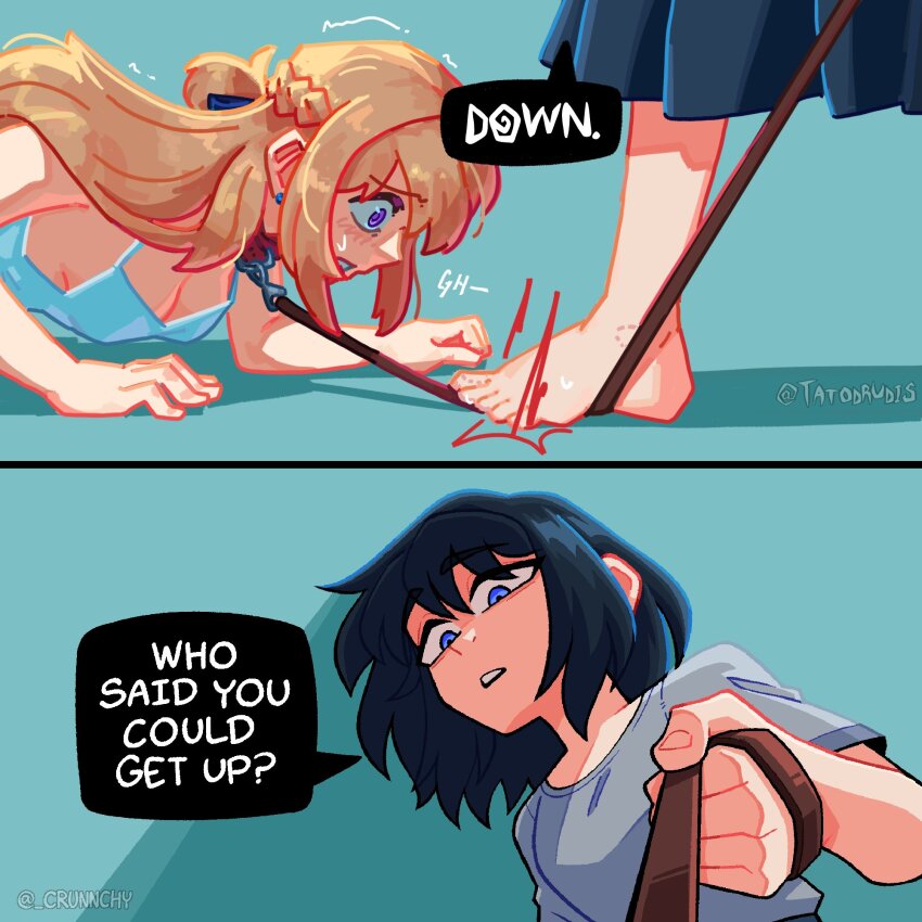 2girls, artist_collaboration, barefoot, black_hair, black_skirt, blue_background, blue_camisole, blue_eyes