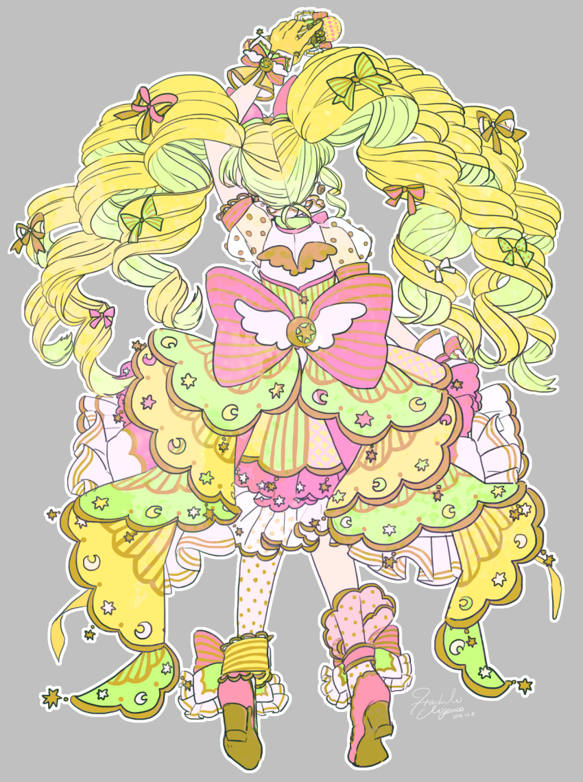 1girl, ankle_bow, ankle_ribbon, anklet, arm_up, asymmetrical_legwear, back_bow, blonde_hair