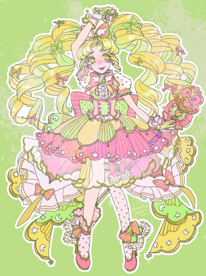 1girl, ankle_bow, ankle_ribbon, arm_up, asymmetrical_legwear, back_bow, bell, blonde_hair