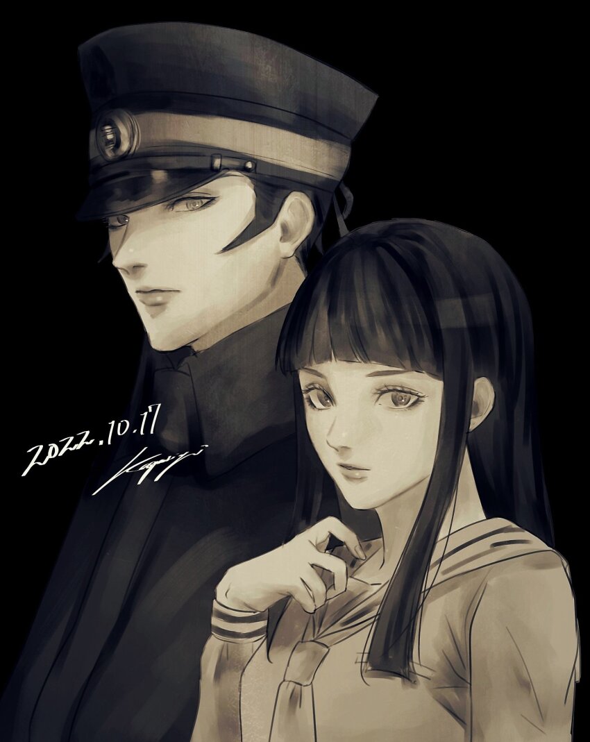 1boy, 1girl, black_hair, black_hat, commentary_request, daidouji_kaya, dated, devil_summoner:_raidou_kuzunoha_vs_the_soulless_army, devil_summoner_(series), gakuran, hat, highres, hime_cut, kamarin75, kuzunoha_raidou, long_hair, looking_at_viewer, portrait, school_uniform, sepia, serafuku, short_hair, sideburns, signature