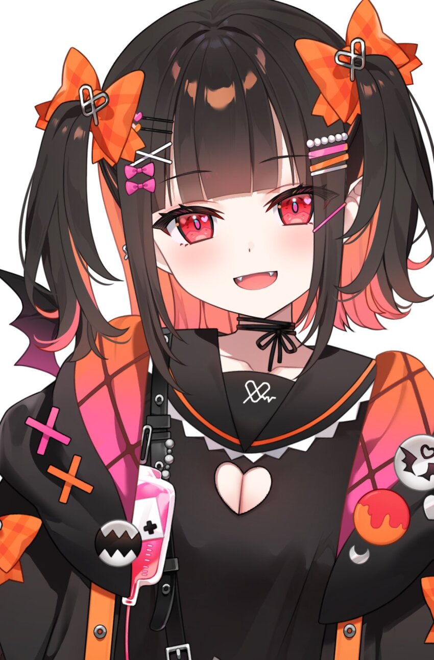 1girl, artist_request, black_hair, black_jacket, black_shirt, blush, bow, choker, fangs, hair_bow, hair_ornament, hairclip, jacket, koyoi_ria, looking_at_viewer, luminaria_pro, multicolored_hair, open_clothes, open_jacket, open_mouth, pink_hair, red_eyes, shirt, short_hair, simple_background, solo, twintails, two-tone_hair, white_background