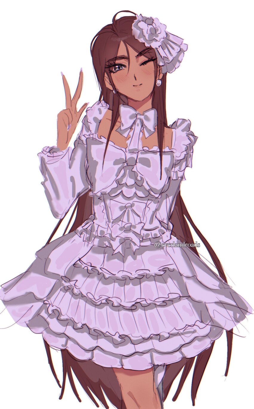 1girl, alien_stage, alternate_costume, borrowed_design, bow, brown_hair, commentary, dark-skinned_female