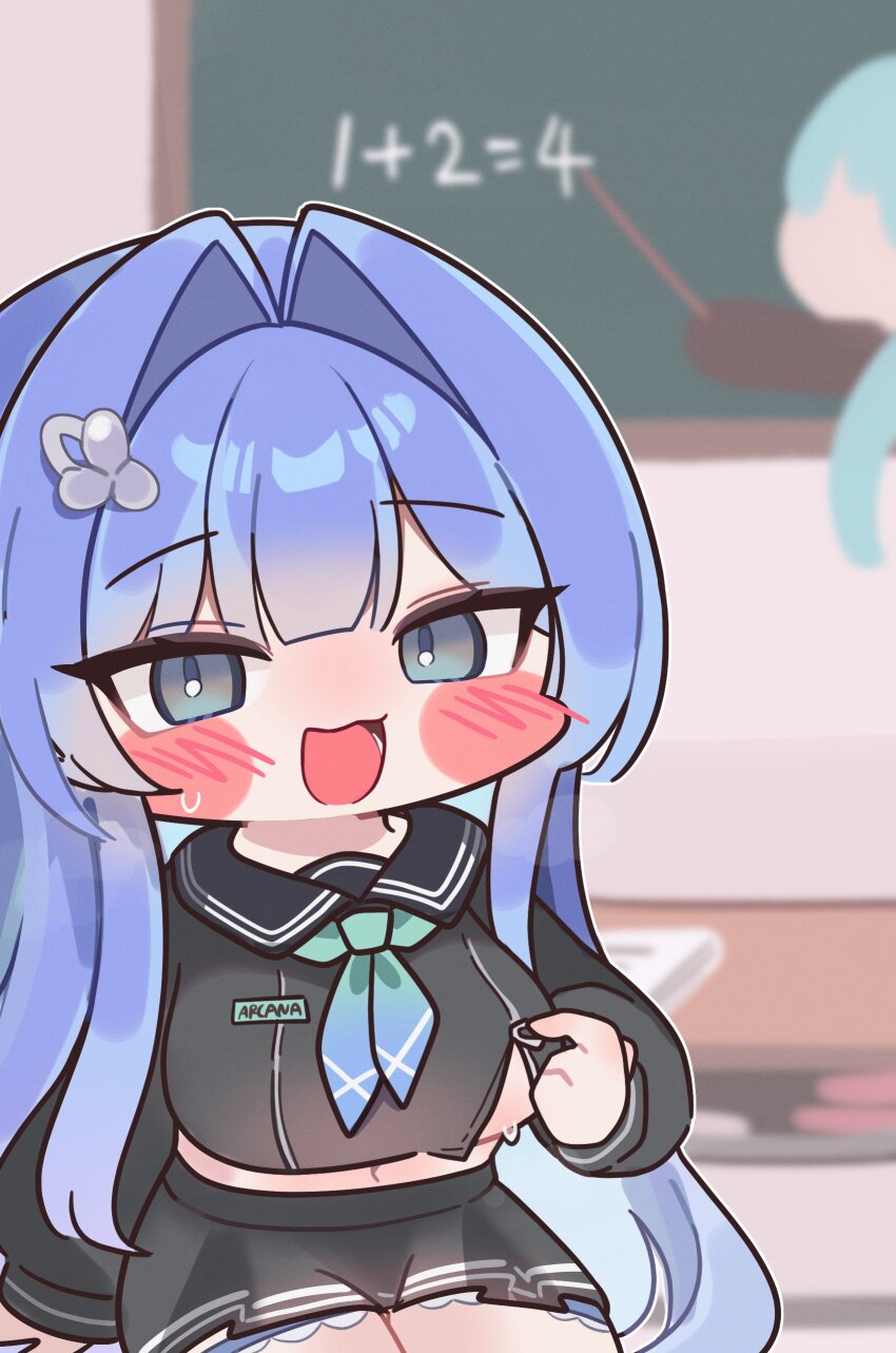 2girls, absurdres, aqua_hair, arcana_(fortune_mate)_(nikke), arcana_(nikke), bad_math, blue_eyes, blue_hair, blunt_bangs, blurry, blurry_background, blush, breasts, chalkboard, chibi, classroom, clover_hair_ornament, commentary, commentary_request, deformed, faceless, goddess_of_victory:_nikke, hair_intakes, hair_ornament, highres, holding_zipper_pull_tab, large_breasts, long_hair, long_sleeves, looking_at_viewer, midriff, mming_(mmingis18), multiple_girls, name_tag, navel, neckerchief, no_bra, pleated_skirt, pointer, privaty_(nikke), privaty_(sharp_lesson)_(nikke), sailor_collar, school_uniform, sitting, skirt, skirt_set, sweat, twintails, underboob, untranslatable_commentary, unzipping, very_long_hair, zipper