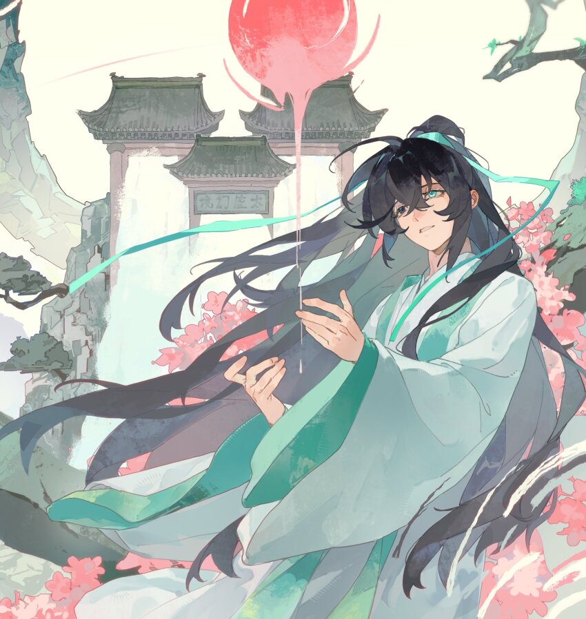 1boy, black_eyes, black_hair, blue_eyes, chengnnnan, chinese_clothes, commentary, flower