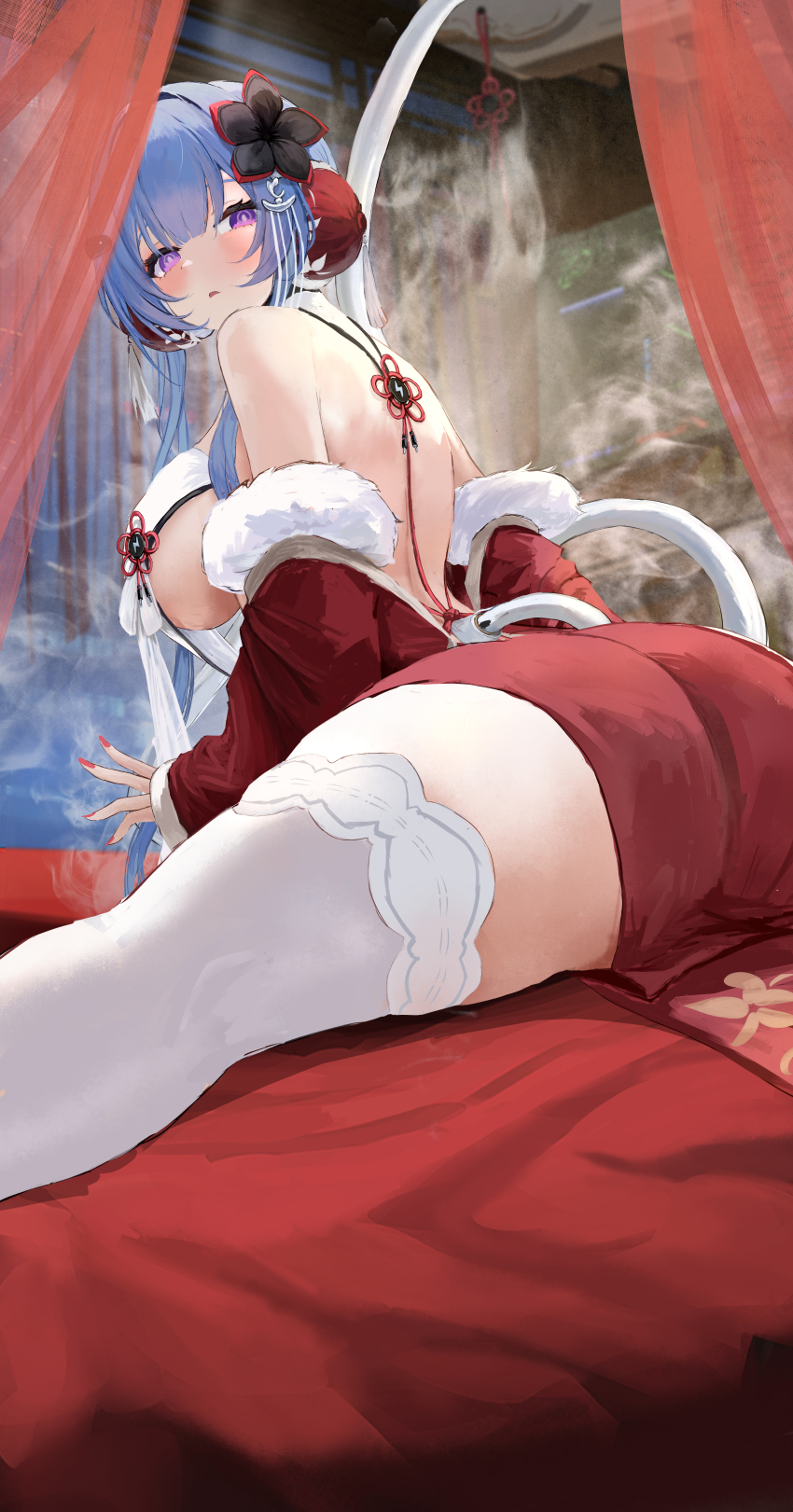 1girl, absurdres, ass, azur_lane, backless_outfit, bare_shoulders, black_flower, blue_hair