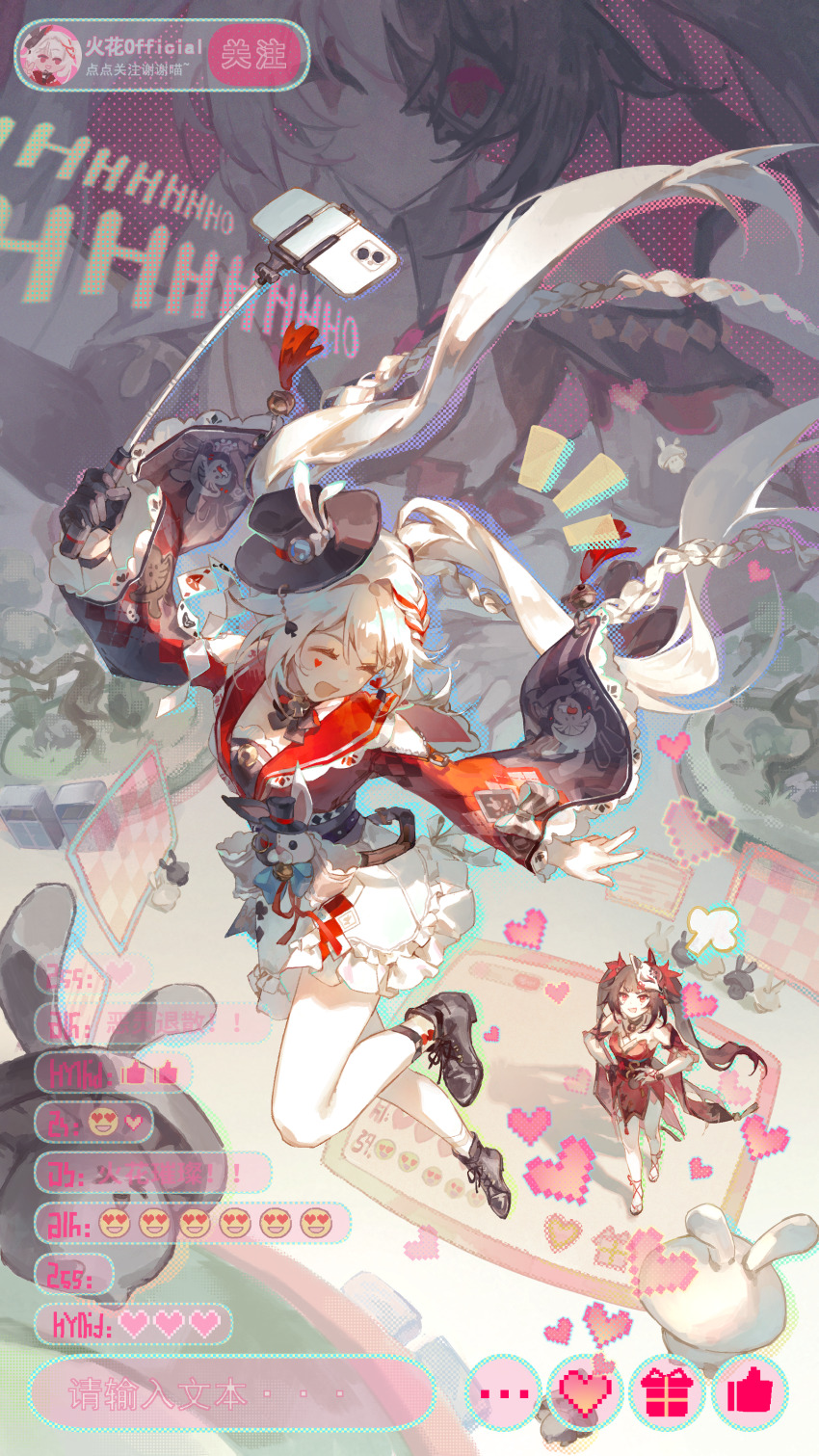 3girls, absurdres, angry, ankle_garter, annoyed, arm_up, asymmetrical_gloves, asymmetrical_legwear