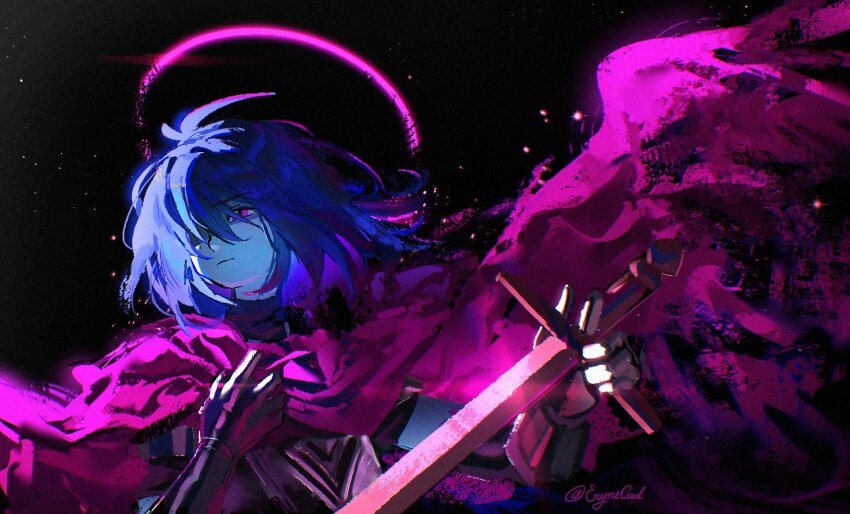 1other, black_background, blue_hair, blue_skin, cape, colored_skin, commentary, deltarune, english_commentary, erynecad, hair_over_one_eye, halo, highres, holding, holding_sword, holding_weapon, kris_(dark_world)_(deltarune), kris_(deltarune), other_focus, pink_cape, pink_eyes, pink_halo, solo, sword, utdr_(toby_fox), weapon