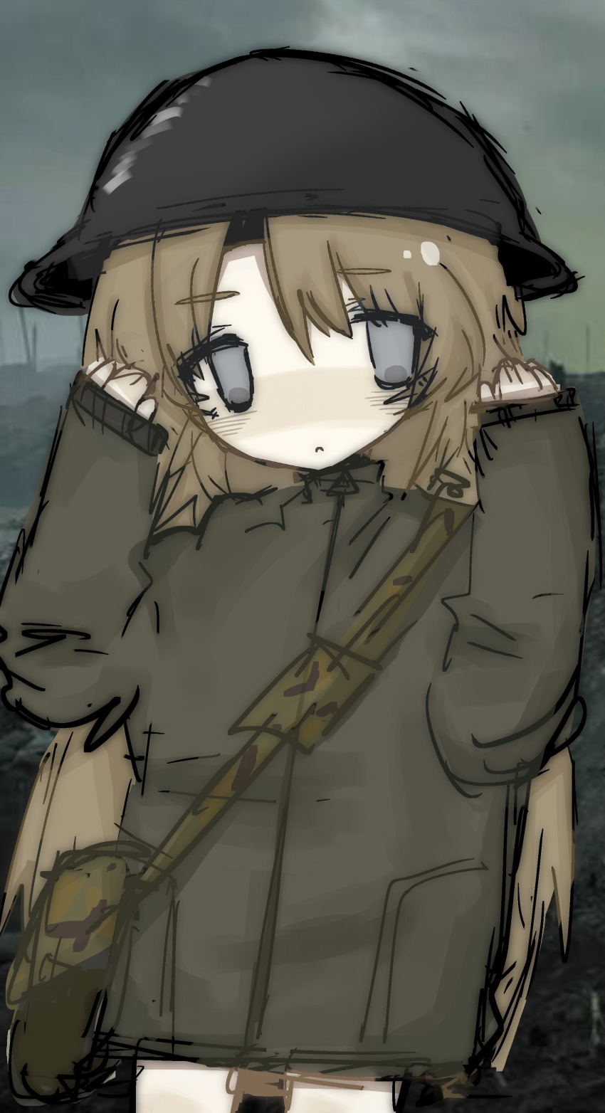 1girl, absurdres, anders_breivik, animification, bag, black_helmet, blush, brown_bag, brown_hair, closed_mouth, commentary, cowboy_shot, empty_eyes, english_commentary, expressionless, facing_viewer, flat_color, frown, genderswap, genderswap_(mtf), grey_eyes, grey_jacket, grey_sky, hair_between_eyes, hands_up, helmet, highres, jacket, jitome, long_hair, long_sleeves, looking_to_the_side, no_nose, no_pants, no_pupils, nose_blush, outdoors, pale_skin, petite, puffy_long_sleeves, puffy_sleeves, real_life, shoulder_bag, sky, sleeves_past_wrists, solo, standing, straight-on, true_crime, turtleneck, turtleneck_jacket, very_long_hair, wenzii, zipper_pull_tab
