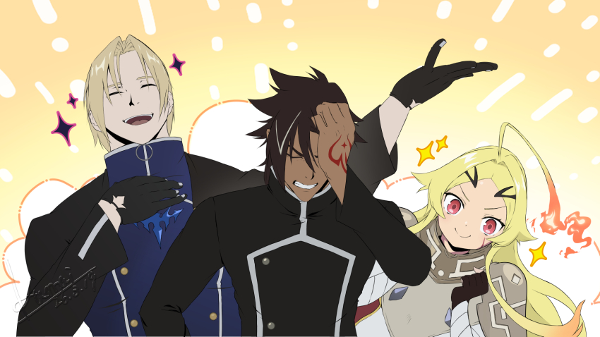 1girl, 2boys, ahoge, armor, black_gloves, black_hair, blonde_hair, cloak