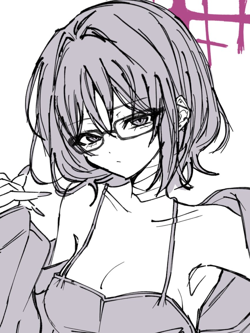 1girl, bandaged_neck, bandages, barbell_piercing, bespectacled, blue_archive, camisole, commentary_request, ear_piercing, fingernails, glasses, greyscale, halo, highres, industrial_piercing, jacket, jacket_partially_removed, long_fingernails, looking_at_viewer, misaki_(blue_archive), monochrome, piercing, portrait, purple_halo, short_hair, simple_background, sketch, solo, spot_color, user_mwju5424, white_background