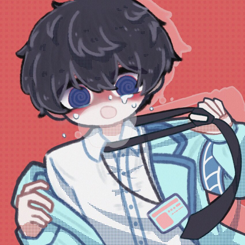 1boy, :o, @_@, armband, blue_armband, blue_jacket, blush, breath, clothes_grab, collared_shirt, commentary_request, dress_shirt, hands_up, highres, hyoutenka_30-do_no_zetsubou, jacket, kuchinashi_dabi, lapels, male_focus, necktie, necktie_grab, neckwear_grab, open_clothes, open_jacket, red_background, shirt, single_off_shoulder, solo, su_ta1103, sweat, tears, undressing, upper_body