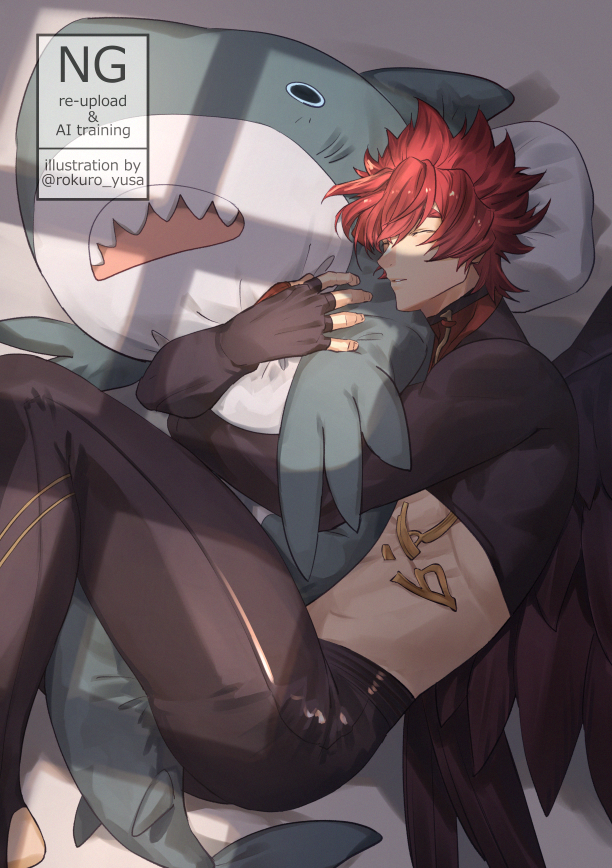 1boy, artist_name, black_gloves, black_wings, commentary, feathered_wings, gloves, granblue_fantasy