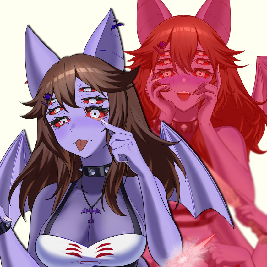 animal_ears, arkanis, arthropod_girl, bat_ears, bracelet, breasts, brown_hair, collar, colored_sclera, colored_skin, dante_will, dante_will_(spider), extra_arms, extra_eyes, fingernails, hands_on_own_cheeks, hands_on_own_face, highres, indie_virtual_youtuber, insect_girl, jewelry, key, key_necklace, knife, long_hair, minecraft_youtube, monster_girl, necklace, pointing, pointing_at_self, purple_skin, red_sclera, sharp_fingernails, shirt, spider_girl, spider_hair_ornament, spiked_bracelet, spiked_collar, spikes, sue_chwan, virtual_youtuber, wings, yandere, yandere_trance