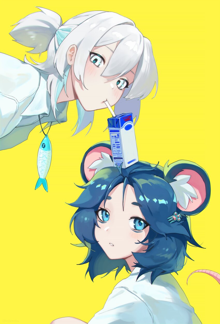 2girls, absurdres, animal_ears, aoki_buruu, blue_eyes, blue_hair, drink_carton, drinking, evoid_(koitoroku), fish_necklace, highres, koitoroku, medium_hair, mouse_ears, mouse_girl, mouse_tail, multiple_girls, object_on_head, original, shirt, simple_background, tail, white_eyes, white_hair, white_shirt, yellow_background